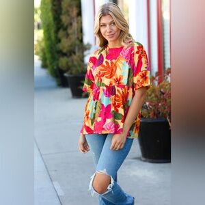 Burnt Orange Drop Shoulder Floral Babydoll Top